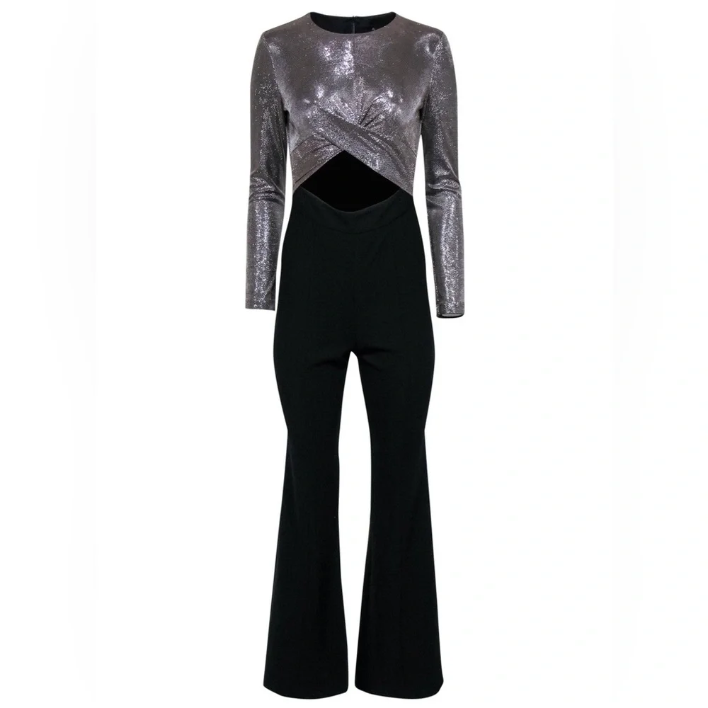 Black Halo Angie Flared Leg Jumpsuit Cutout Metallic Silver Bodice Romper 12 - Picture 15 of 17